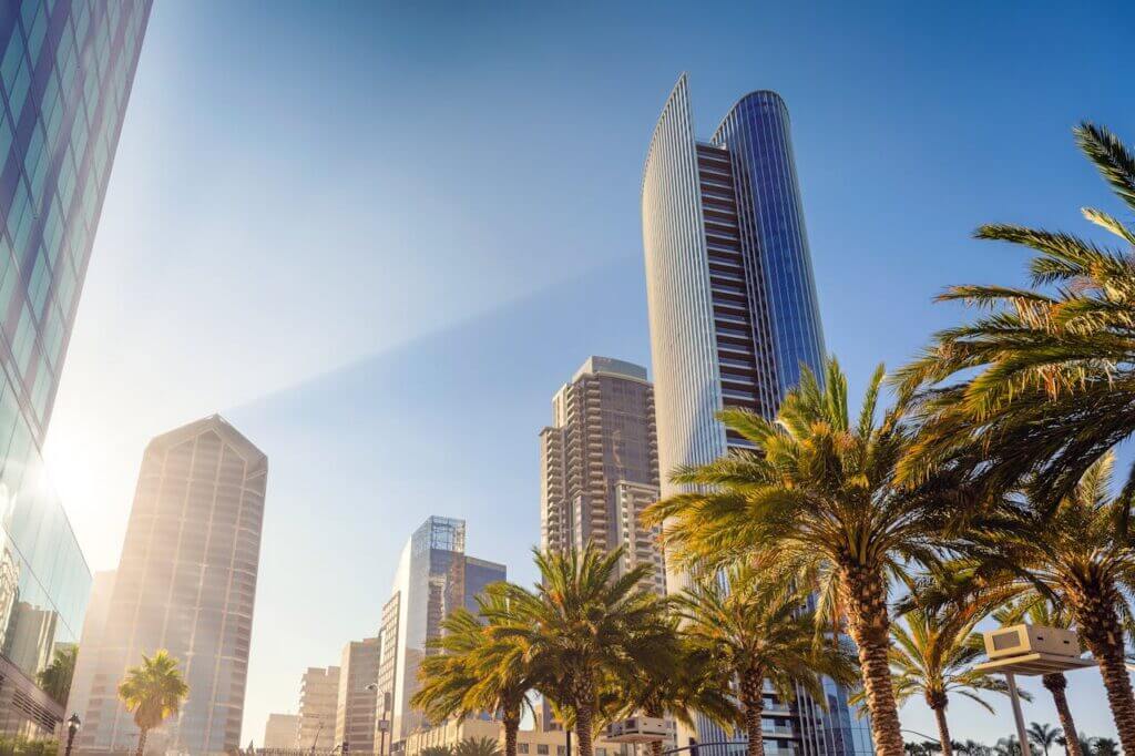San Diego cityscape with skyscrapers and palm trees